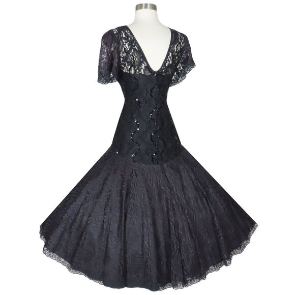 Vintage 80s 20s Black Lace Prom Party Dress M Medium Goth Witchy Whimsygoth - Picture 4 of 12